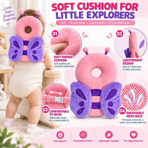 Vista 2 de Mochila protectora de cabeza de bebé para caminar gateando, mariposa rosa