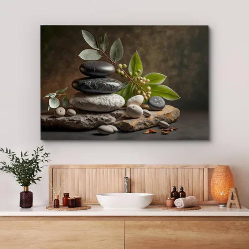 Vista 53 de Wall26 - Arte de pared estampado en lienzo con diseño de rocas negras en un lago tropical verde sereno, naturaleza floral, fotografía, realismo