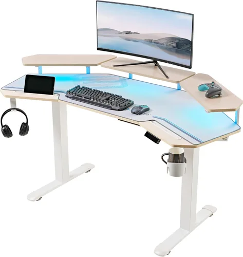 Vista 16 de EUREKA ERGONOMIC Aero - Escritorio eléctrico de pie en forma de W de 55 pulgadas, escritorio para juegos de computadora de altura ajustable con Negro