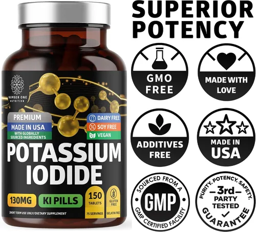 Vista 6 de Tabletas de yoduro de potasio premium, píldoras naturales de KI para apoyar la inmunidad, 130 mg por porción, 150