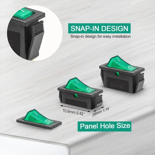 Vista 6 de KCD3 SPST de encendido/apagado de 3 pines, 2 posiciones, interruptor basculante instantáneo DC 12V-24V 30A con LED verde para barco - Paquete de 5