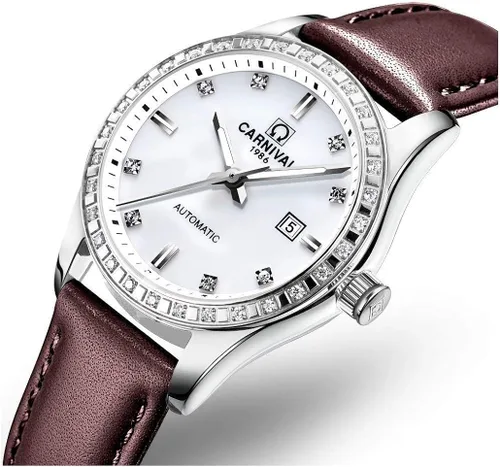 Vista 2 de Gosasa Reloj mecánico automático de lujo con diamantes de imitación para mujer, reloj impermeable con correa de cuero marrón, Banda marrón-plata