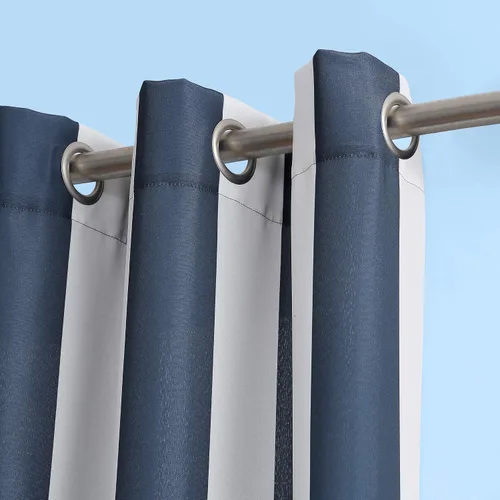 Vista 24 de Par de paneles de cortina con ojales Sun Zero Valencia estilo cabaña a rayas para interior/exterior con protección UV y eficiencia energética