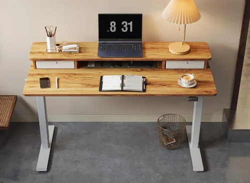Vista 4 de FEZIBO Escritorio Eléctrico de Pie Ajustable en Altura con Cajón Doble, Mesa de Pie de 55 x 24 Pulgadas con Estante de Almacenamiento, Escritorio