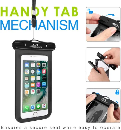 Vista 9 de Carcasa impermeable con accesorios para celular, universal, resistente al agua, con brazalete y correa para el cuello, hasta 6 pulgadas, de MoKo