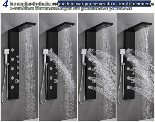 Vista 7 de ROVATE Sistema de panel de ducha tipo cascada, torre de ducha de acero inoxidable 304 con 5 chorros de masaje de cuerpo de lluvia y 3