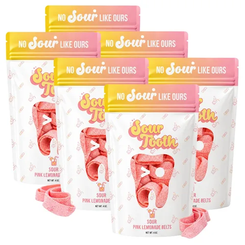 Vista 17 de Sour Tooth Cinturones de fresa, tiras de caramelo de gomitas ácidas masticables, paquete de 6, 4 onzas Soft & Chewy Strips, Sour Candy Bulk, Bulk