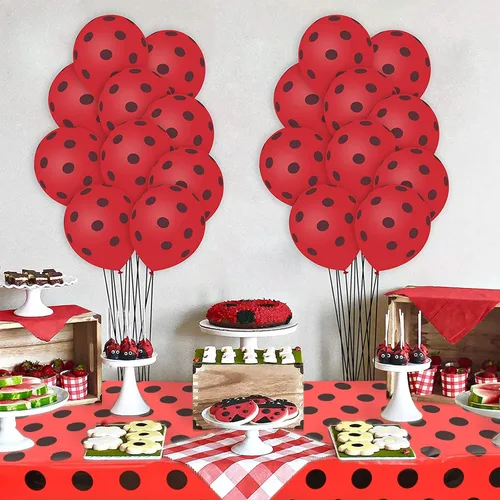 Vista 5 de 50 globos de mariquita, globos de lunares rojos y negros de 12 pulgadas, globos de látex para fiesta temática de mariquita, boda, fiesta