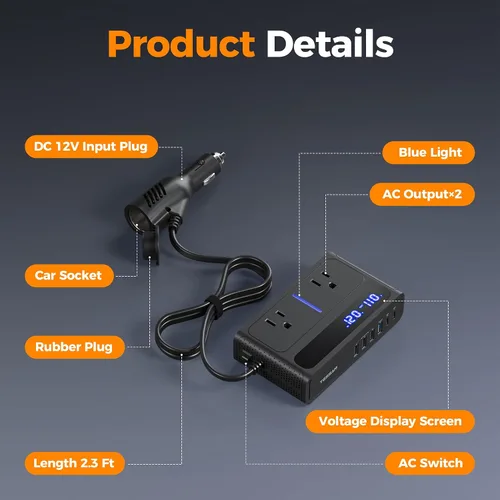 Vista 6 de TESSAN - Inversor de corriente para automóvil de 200 W, convertidor de 12 V CC a 110 V CA con 2 salidas de CA y 6 puertos USB con USB de 36 W