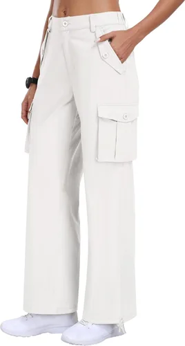 Vista 3 de MoFiz Pantalones cargo para mujer, 6 bolsillos, holgados, de pierna ancha, cintura alta, casuales, para senderismo, exteriores, atléticos