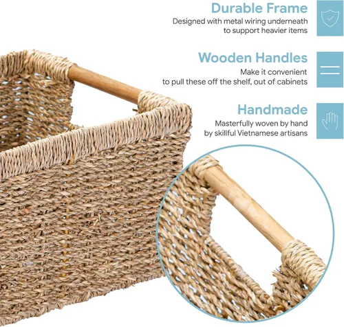 Vista 3 de Cesta de hierba marina natural con mango de madera, cesta de mimbre rectangular mediana para sala de estar, 12.2 x 8.9 x 6.7 pulgadas, paquete de 3