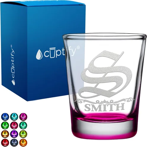 Vista 34 de Vaso de chupito personalizado con nombre de círculo elaborado de 2 onzas, parte inferior negra grabada con texto personalizado para regalos, bodas