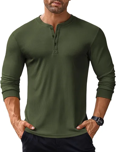 Vista 25 de COOFANDY Camisas Henley de manga larga para hombre, camisetas elásticas acanaladas, camisetas básicas casuales de moda