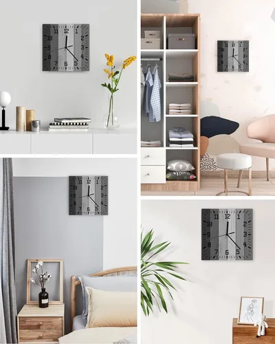 Vista 4 de Reloj de pared de madera rústica, negro, gris, blanco, silencioso, sin tictac, reloj de pared cuadrado de madera degradada gris de granja, funciona