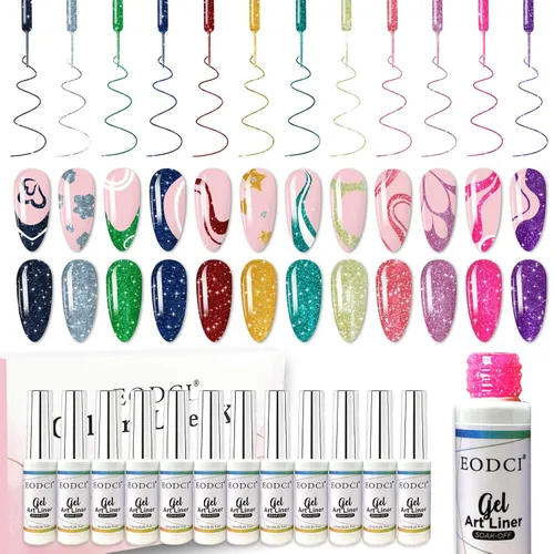 Vista 8 de Eodci - Juego de esmalte de gel para arte de uñas, 12 colores negro, blanco, rosa intenso, amarillo, verde con purpurina, esmalte de gel para otoño