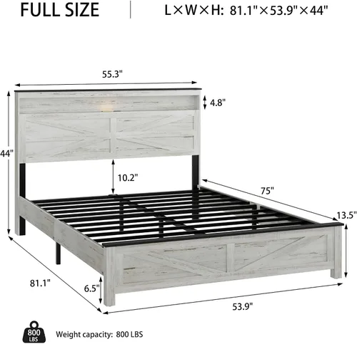 Vista 2 de Base de cama de madera de pino con estante de cabecera de carga de luces, cama de plataforma de tamaño matrimonial, color blanco rústico y gris, sin