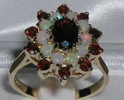 Vista 2 de LetsBuyGold Anillo de oro amarillo de 14 quilates auténtico granate y ópalo para mujer