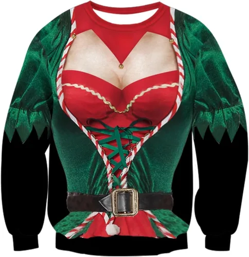 Vista 4 de Sudadera unisex divertida de Navidad con cuello redondo, sudaderas feas de Navidad, camisas de entrenamiento de manga larga