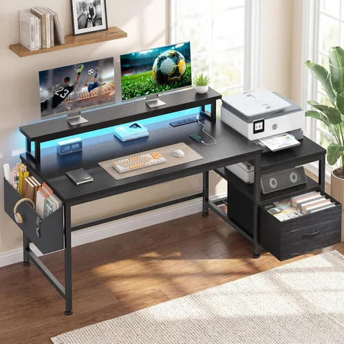 Vista 14 de EnHomee Escritorio para computadora de 57 pulgadas con cajones y espacio para impresora, escritorio de oficina con tomas de corriente, escritorios
