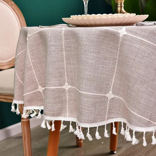 Vista 5 de Mantel redondo a cuadros de 36 pulgadas de algodón y lino, mantel redondo grueso, cubierta para mesa de café para casa de campo, cocina, comedor