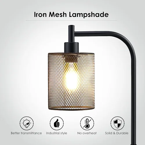 Vista 8 de Lámpara de pie industrial BoostArea, lámpara de pie con pantalla de malla de hierro colgante, bombilla LED de 6 W, lámpara de pie de granja metálica