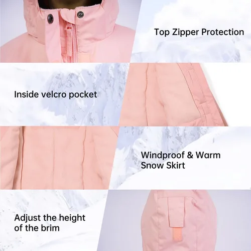 Vista 30 de Chaqueta de esquí impermeable para niñas, chaqueta de snowboard para exteriores, resistente al viento, con forro polar, abrigo de nieve cálido