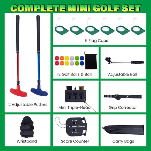Vista 2 de Mini juego de práctica de golf de putting – Putters ajustables, 6 agujeros marcados, 12 pelotas de práctica, recuperador de bolas extensibles
