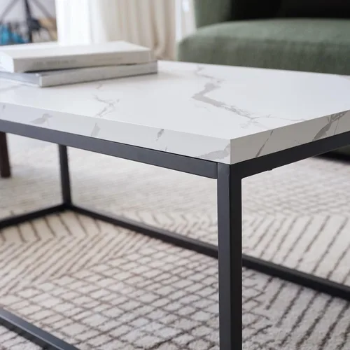 Vista 9 de CENSI - Mesa de centro de mármol blanco de 40 pulgadas, tamaño mediano Mesa de cóctel rectangular industrial de 1.2 pulgadas extra gruesa, patas