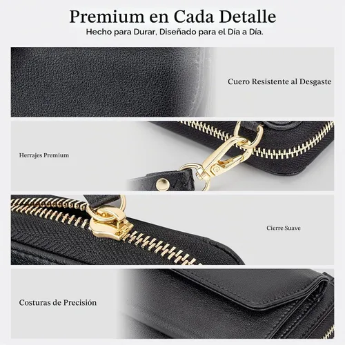 Vista 5 de nuoku Cartera RFID para Mujer Monedero Muñequera Bandolera Clutch con Cremallera Perimetral 2 Correas Negro