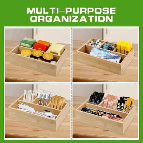 Vista 3 de Paquete de 2 organizadores de bambú para cajón, almacenamiento de bolsas de té de madera con 4 compartimentos, cajas de té para estante, estación