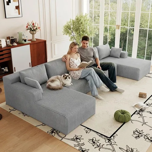 Vista 59 de Sofá modular Cloud de 95 pulgadas con otomana, moderno sofá nube en forma de U con asiento profundo, cómodo sofá de pana de 3 plazas, sofá de espuma