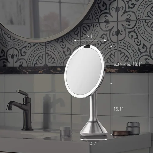 Vista 9 de simplehuman Espejo con sensor, espejo de maquillaje iluminado con aumento (5X), espejo redondo de 8 pulgadas con lupa con luces, inalámbrico, acero