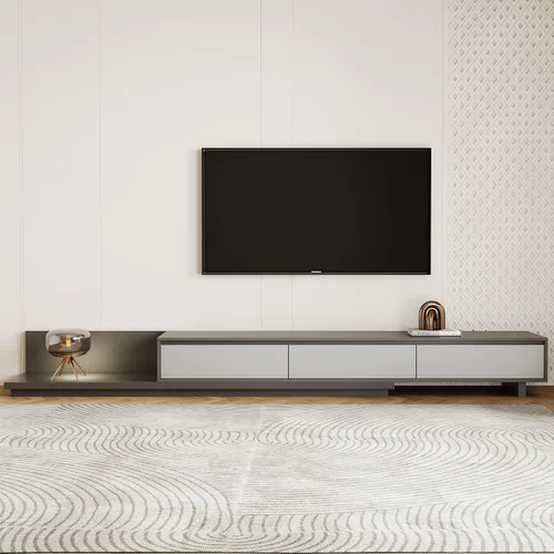 Vista 10 de Soporte de TV extensible moderno Mid-Century con 3 cajones, centro de entretenimiento ajustable para sala de estar y dormitorio (79 a 130 pulgadas)