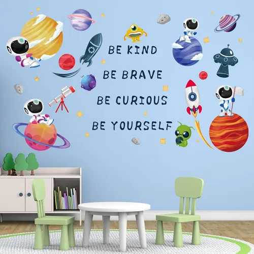 Vista 7 de Calcomanías de Pared de Astronauta del Espacio Exterior - Calcomanías de Pared de Cohete de Planetas para Niños - Decoración de Pared
