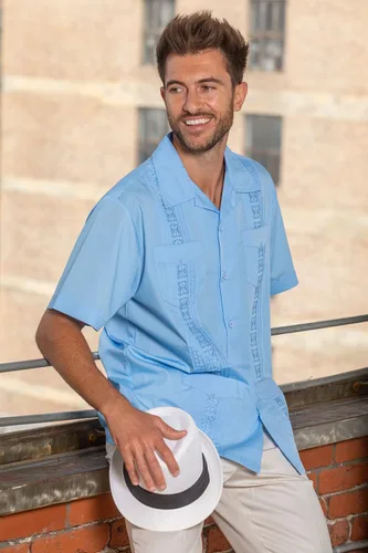 Vista 4 de Camisa de guayabera para hombre, cuatro bolsillos, manga corta, clásica, para vacaciones, boda, bordado, Pintuck, camisa relajada