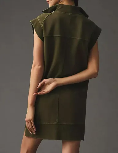 Vista 6 de Labolliy Vestido corto con cuello de solapa y media cremallera para mujer, manga casquillo, dobladillo con abertura, color liso, casual