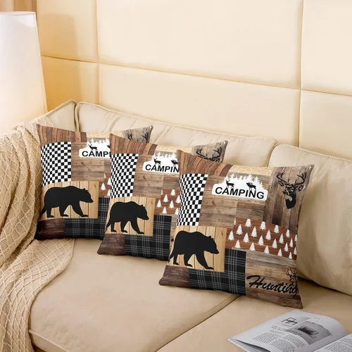 Vista 4 de Paquete de 4 fundas de cojín de oso con alce de 16 x 16 pulgadas, alfombra de reno, diseño geométrico de búfalo a cuadros con diseño de enrejado