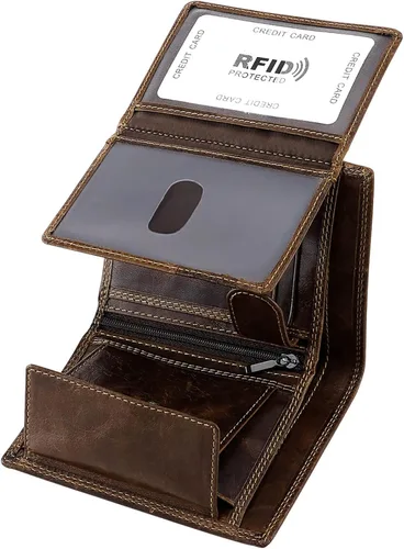 Vista 9 de Billetera Triple de Cuero Vacuno con Bloqueo RFID para Hombres, 10 Ranuras para Tarjetas, 2 Ventanas de Identificación con Bolsillo para Monedas