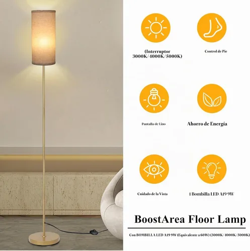 Vista 2 de Boostarea - Lámpara de pie para sala de estar con bombilla de 3 temperaturas de color, lámparas de pie industriales, lámpara alta clásica dorada