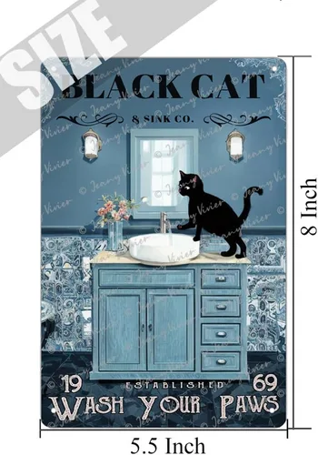 Vista 5 de Zomyto Letrero de metal retro para decoración de baño, diseño de gato negro con texto en inglés "Wash Your Paws", divertido póster para baño, baño