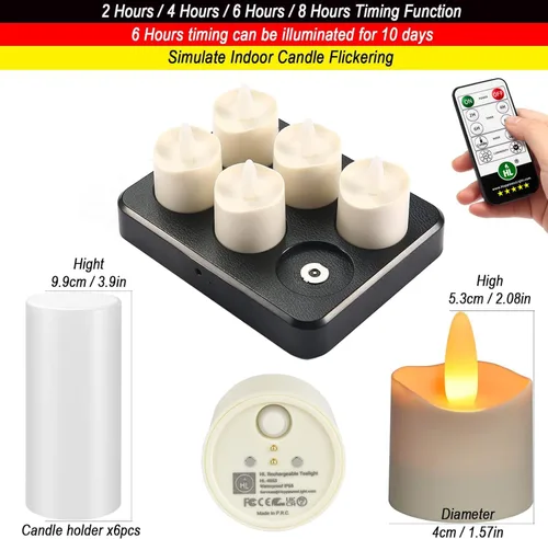 Vista 2 de HL Velas sin llama con temporizador remoto, más de 100 horas recargables, impermeables, funciona con pilas, con base de carga, velas flotantes