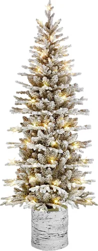 Vista 8 de Puleo International 4.5ft Pre-Lit Potted Flocked Arctic Fir Christmas Tree 419 puntas de ramas flocadas realistas, 70 luces incandescentes
