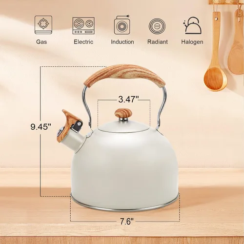 Vista 2 de Hervidor de Té Foedo para Estufa, Teteras Silbantes de 2.6 Cuartos para Estufa, Mango Plegable Resistente al Calor, Tetera Bonita (Beige)