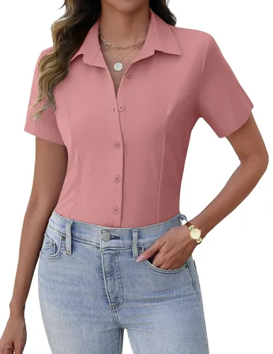 Vista 9 de Zeagoo Camisas de vestir de manga corta con botones para mujer, blusas básicas de trabajo con cuello de negocios