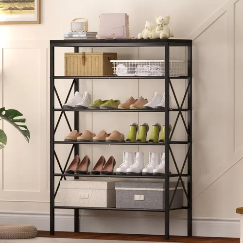 Vista 4 de Zapatero de 6 niveles, zapatero de gran capacidad que sostiene 32 pares de zapatos, estante de metal ajustable y estable, estante para zapatos