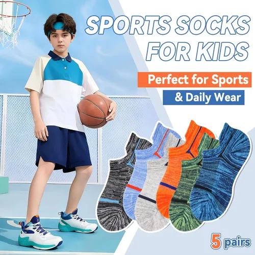 Vista 3 de Calcetines de tobillo para niños, calcetines deportivos de corte bajo de algodón para niños pequeños, 6 pares