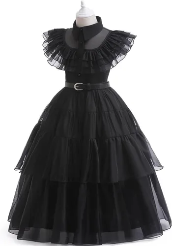Vista 3 de Xinfenglai Wednesday Addams - Vestido de baile negro con cinturón, vestido de cosplay, juego de simulación, disfraz de fiesta de Halloween para niñas