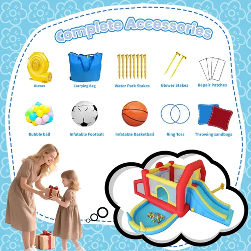 Vista 8 de Casa inflable de rebote para niños de 9 en 1 con tobogán alto, piscina de pelotas, juego de fútbol de habilidad, juego de sacos de arena