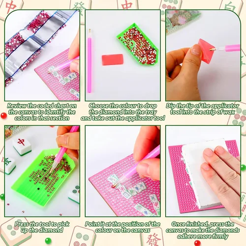 Vista 4 de Purpeak 8 posavasos de diamante Mahjong DIY pintura de diamantes posavasos arte Mah Jong posavasos con soporte para taza Mahjong mesa de bebidas