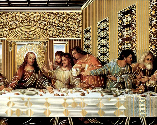 Vista 2 de La última cena Jesucristo Da Vinci (16 x 20 pulgadas) lámina dorada – Arte de pared religioso laminado sin marco póster decoración del hogar, arte